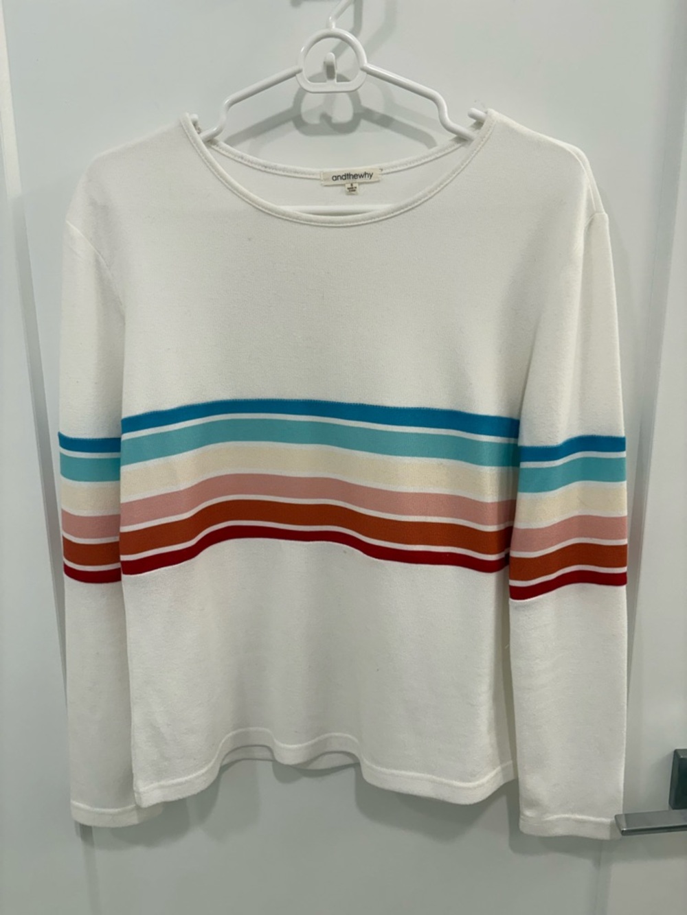 And The Why White Rainbow Stripe Retro  Long Sleeve T-shirt Size Small